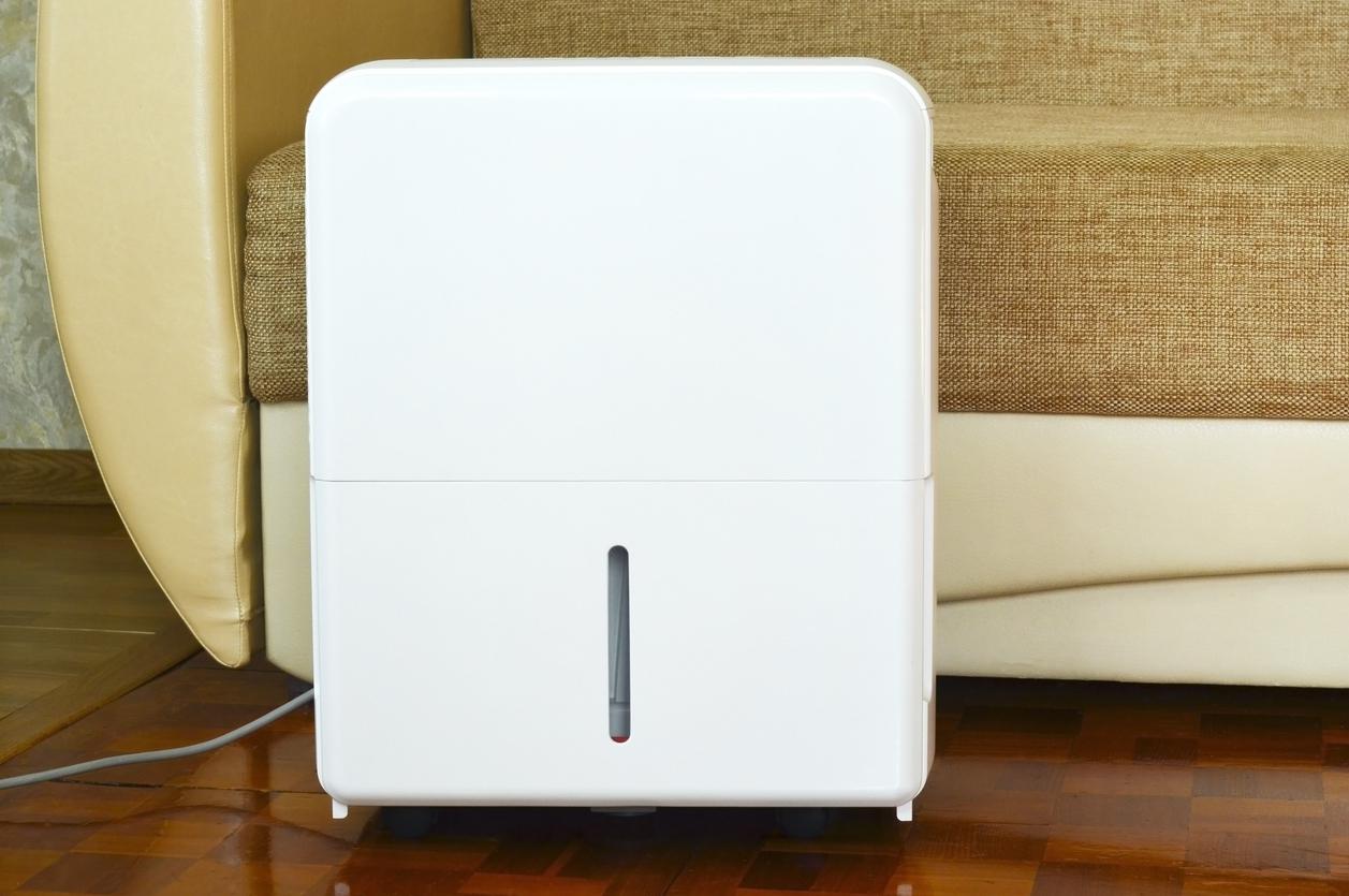 White dehumidifier on wooden floor near couch